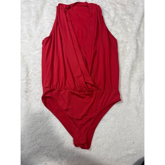 SHEIN Red Halter Neck Draped Bodysuit Women's Size L - Picture 2 of 4